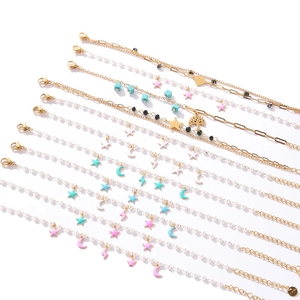 Bohemian stainless steel pearl bracelet set with colorful enamel star and moon charms