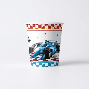 Racing car party paper cups with blue sports car design and checkered track pattern