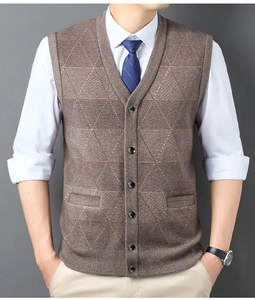 Detailed close-up of men's knit vest featuring diamond texture and classic button-up V-neck