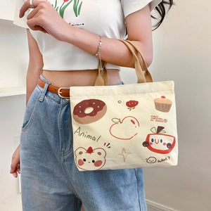 Künstlerische Canvas-Tragetasche in Creme mit süßen Cartoons und braunen Henkeln