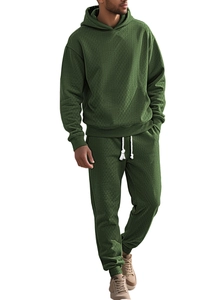 Detailed view of men's green jacquard knit tracksuit with hooded sweatshirt and joggers