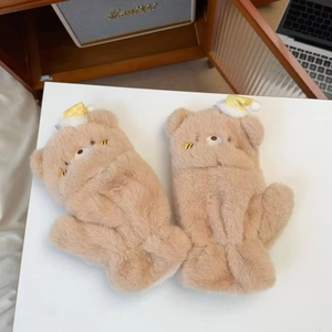Detail view of plush bear winter mittens with cute polka dot hat and fine embroidery