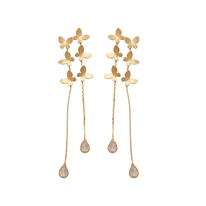 Elegant 18K gold-plated drop earrings featuring butterfly motifs and crystal teardrop pendants