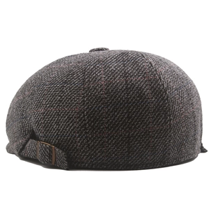 Winter vintage newsboy cap for men featuring dark grey plaid and adjustable back strap