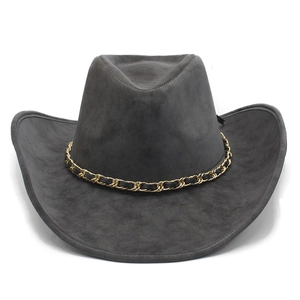 Dark grey faux leather western cowboy hat with black and gold woven chain band on white background