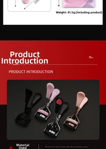 Detail view of carbon steel eyelash curlers in four colors with ergonomic handles