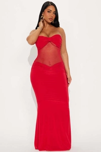 Detail of red tube top maxi dress with sheer mesh patchwork and slim fishtail fit