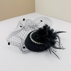 Vintage Fascinator Hat With Mesh Veil Feather Flower And Faux Artificial Pearl Elegant Pillbox Headpiece For Wedding Banquet Party