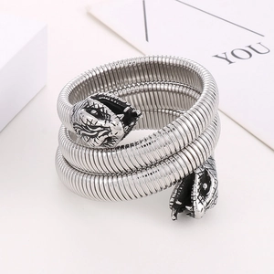 Bracelet serpent multi-rangs ajustable en acier inoxydable argenté avec double tête décorée
