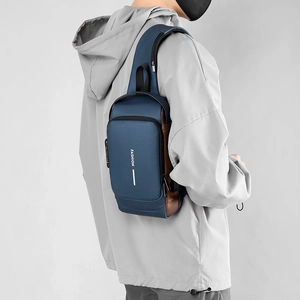 Detail showing blue and brown water-resistant chest bag with USB charging and secure side lock