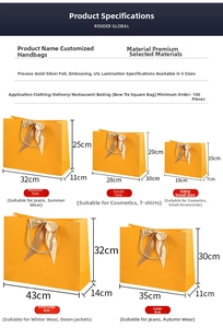 Detailed size chart for square gift bags with bows ranging from extra small to extra large