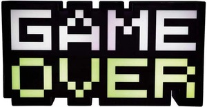Front close-up of LED neon game over sign with pixelated lettering in white and green