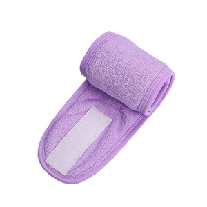Detail of soft purple microfiber facial headband with adjustable white velcro closure