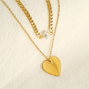 Double Layer Necklace 18K Gold Plated Stainless Steel Heart Pendant White Artificial Pearl Cuban Chain Retro Minimalist For Women