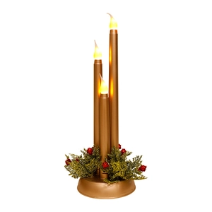 Gold Christmas LED candle stand with warm yellow light and festive berry base decor