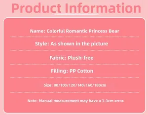 Tableau des tailles pour ours en peluche rose avec détails sur le tissu doux