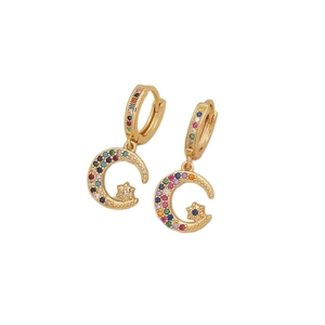 Elegant gold crescent moon and star earrings inlaid with colorful rainbow zircon stones