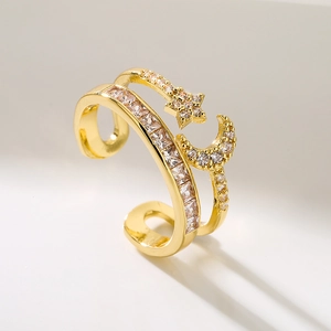 18K gold plated copper ring with starry moon motifs and sparkling cubic zirconia stones