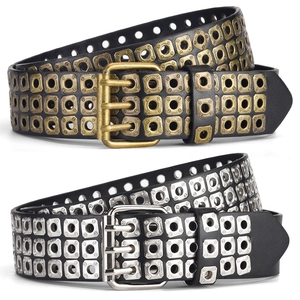 Unisex Punk Style PU Leather Belt Triple Row Square Eyelet Grommet Triple Prong Pin Buckle Rock Streetwear Waistband