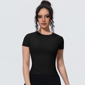 Front view of slim fit black athletic yoga t-shirt with breathable crew neck design