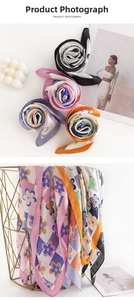 Detail of four colorful silk scarves with floral geometric patterns in a metal basket