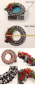 Detail view of Christmas wreath showing red berries, pine cones and 37cm size measurement