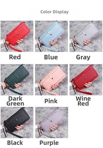 Detailed color selection showing eight long wallets in textured leather with wristlets