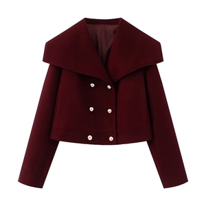 Elegant burgundy wool blend short coat with oversized lapels and double-breasted buttons