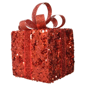 Sparkly red sequin gift box ornament with a ribbon bow for Christmas tree decoration