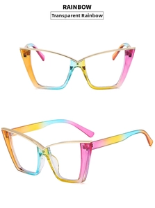Detail view of cat-eye frames with transparent rainbow gradient and gold metal top bar