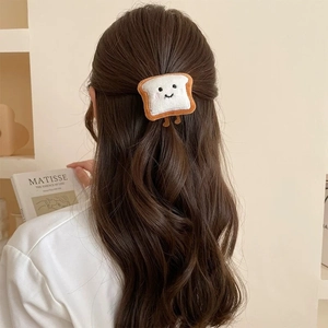 Cute plush toast bread hair tie with smiley embroidery for women ponytail hairstyles
