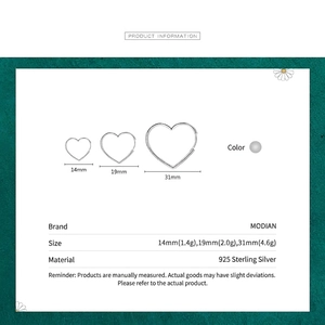 Three sizes of 925 sterling silver heart-shaped hoop earrings in polished silver finish