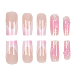 Pink gradient French fake nails with 3D floral accents and silver beads 24pcs set
