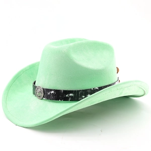 Detail of mint green suede cowboy hat with lion head metallic buckle and black leather belt