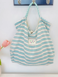 Korean Style Stripe Canvas Tote Bag Large Capacity Women Shoulder Handbag And Small Pouch Cosmetic Organizer