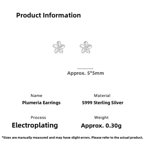 Detailed view of S999 silver plumeria stud earrings with product dimensions and specs