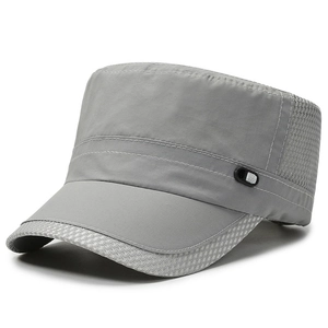 Grey mesh flat top army cap for men with breathable quick-dry fabric and stitching