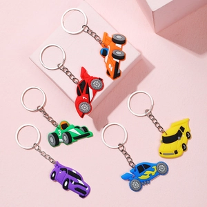 Cartoon Racing Car Keychain PVC Soft Rubber Flame Pattern Mini Vehicle Backpack Pendant Party Favor For Children