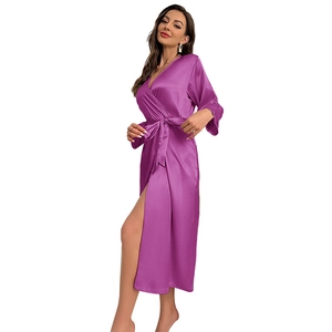 Elegant purple satin robe with long sleeves and side slit design for home comfort