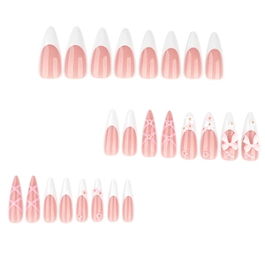 Pink almond press-on nails with 3D bows, white flowers and pearls decoration