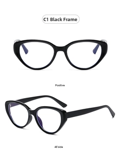 Detailed views of black cat-eye glasses frames showing positive and 45-degree side angles