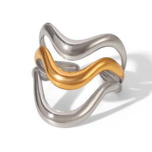 Detailed view of polished two-tone wavy stainless steel ring with gold and silver bands