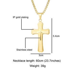Three-layer stainless steel gold cross necklace with 60cm chain and size specifications