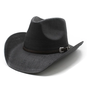 Classic black woven western cowboy hat with wide brim and ornate silver buckle trim