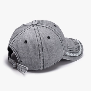 Retro grey washed denim baseball cap with delicate white lace trim and adjustable metal buckle