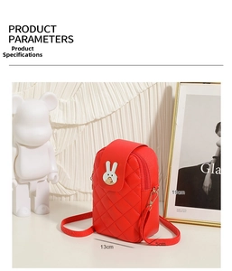 Detailed view of red quilted PU phone bag with rabbit buckle and dimensions 19x13x5cm