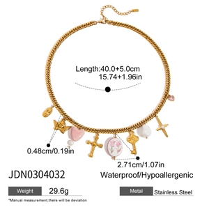 Detailed close-up of 18K gold stainless steel necklace with multi-charm pendants and dimensions