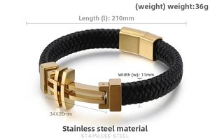 Close-up of black braided leather bracelet with 210mm length and stainless steel magnetic clasp