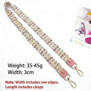 3cm colorful woven cotton shoulder strap with fringed edges and pink leather ends