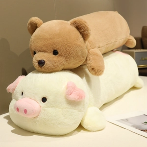 Long plush bear and pig body pillows with soft fur texture for comfortable sleeping